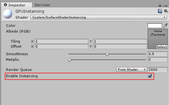 着色器检视面板 (Shader Inspector) 窗口中显示的 Enable Instancing 复选框