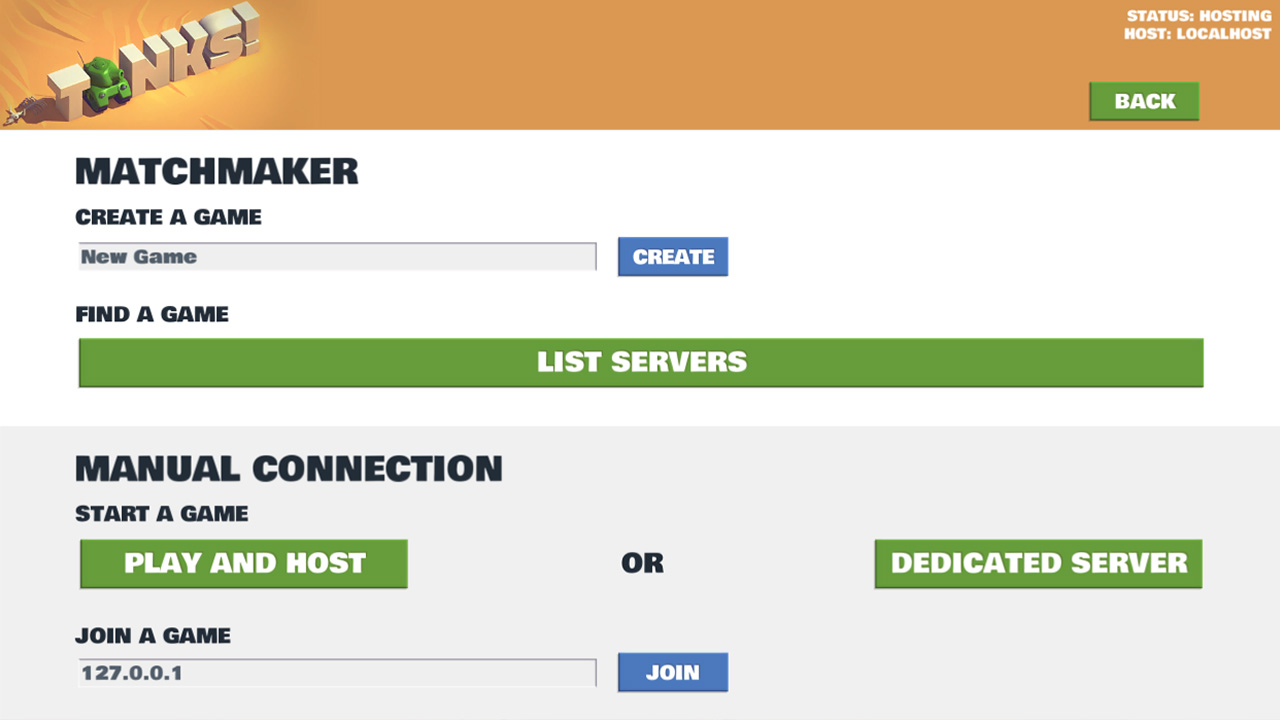 典型的多人游戏大厅，允许玩家查找、创建和加入游戏，来自于 Asset Store 中提供的 TANKS 网络演示。