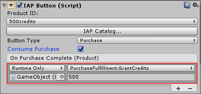 将购买执行脚本分配到 IAP Button 事件字段