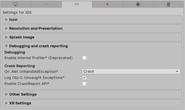 iOS 平台上的 Debugging and crash reporting 部分