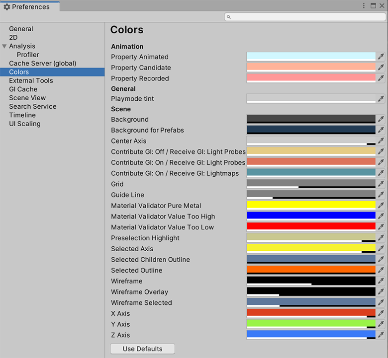 Preferences 窗口中的 Colors 范围