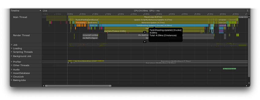 Timeline 视图中的 CPU Usage 模块，并且选择了一项